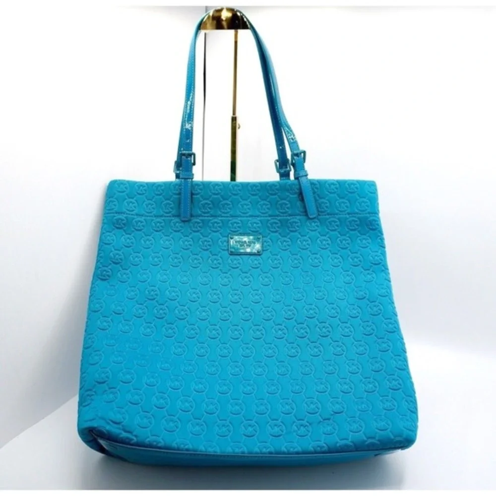 Michael Kors Turquoise Blue Embossed Monogram Logo Tote Bag Patent Trim Shoulder